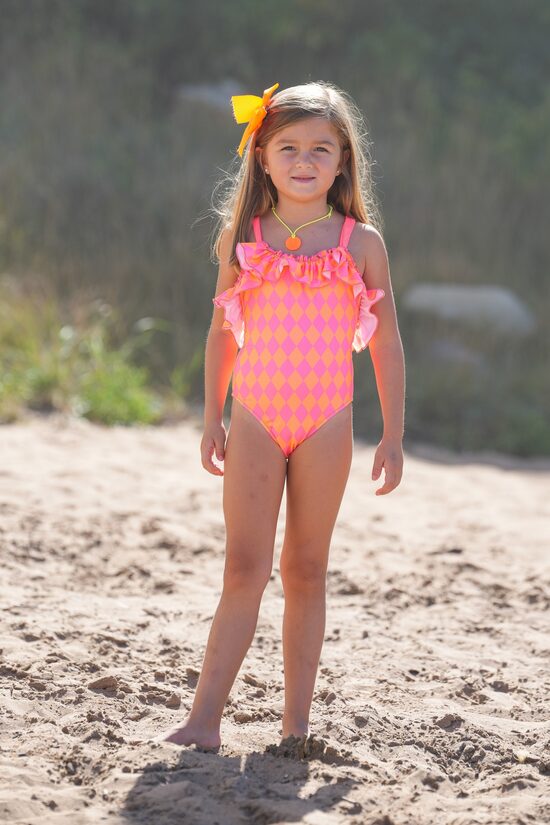 Bañador de niña con volante y tirantes de tul Diamond Orange